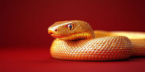 Fototapeta premium A golden snake resting on a vibrant red background, exuding the festive spirit of Chinese New Year. Its shimmering surface and elegant design symbolize prosperity and celebration.