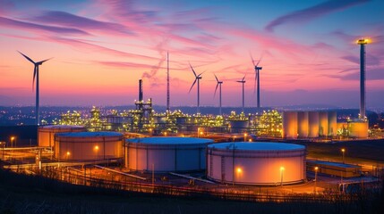 Obraz premium A stunning sunset over a modern industrial site featuring wind turbines, storage tanks, and a power plant, highlighting sustainable energy solutions.