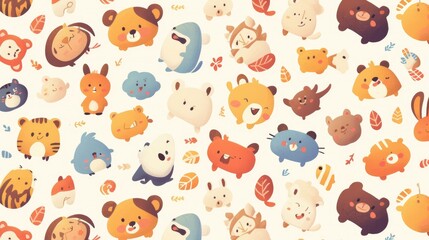 A playful pattern featuring cute, cartoonish animal faces and colorful leaves.