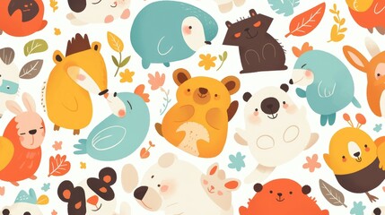 Naklejka premium A colorful illustration featuring cute, cartoonish animals surrounded by leaves and flowers.
