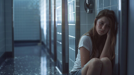 A teenage girl sits sobbing in a bathroom stall, seeking refuge from her bullies at school.