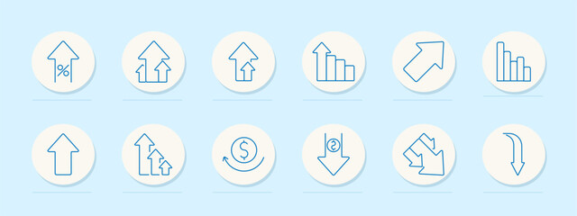 Growth set icon. Arrows, bar graphs, percentage increases, upward trends, revenue cycle, financial growth. Represent economic performance, statistics, and financial progress