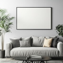 Fototapeta premium Cozy Living Room with Modern Sofa and Large Blank Wall for Art