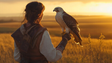 Majestic Woman Falconer Training Hawk at Sunset in Serene Countryside