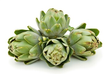 Obraz premium Five fresh artichoke heads are forming a vegetable background