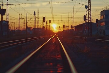 Railway station with motion blur effect at sunset. Industrial landscape with railroad, blurred railway platform, sky with orange sunlight in the evening. Railway junction in Europe, Generative AI