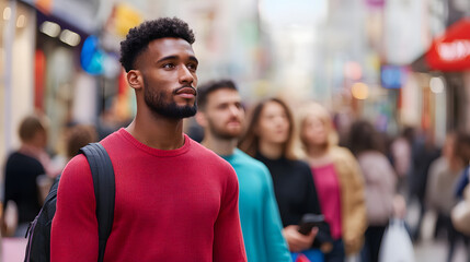 Fototapeta premium Contemplative young man amidst bustling city streets urban environment lifestyle engaging viewpoint