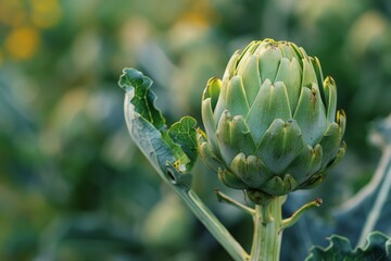 Artichoke growing in an agricultural field, illuminated by warm sunlight