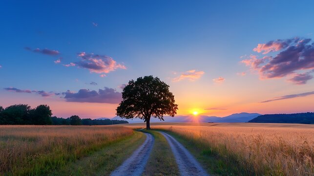 Serene Sunset Landscape with Lone Tree and Country Road