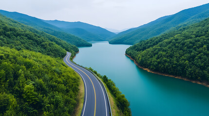 Scenic drive along a serene lake mountainous landscape aerial view tranquil environment nature exploration