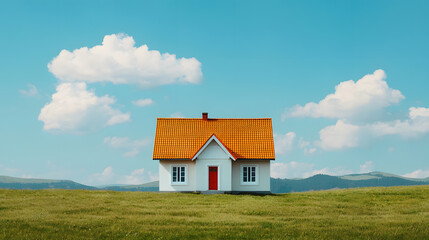Obraz premium Serene landscape view of a single house in a green field under blue sky