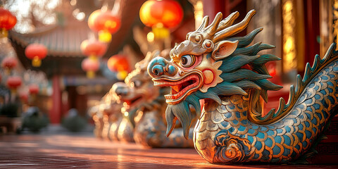 Fototapeta premium Colorful dragon heads carved from wood and adorned with gold foil are set on a red floor before a temple gate. Lanterns and golden decorations enhance the festive Chinese cultural scene.