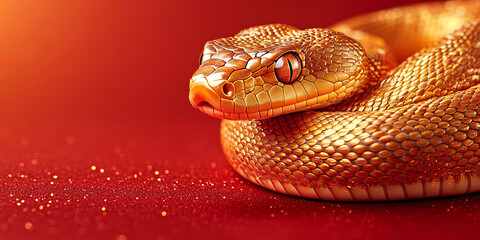 Fototapeta premium A golden snake is elegantly coiled on a bold red background, symbolizing prosperity and celebration, with ample copy space for creative use in Chinese New Year designs.