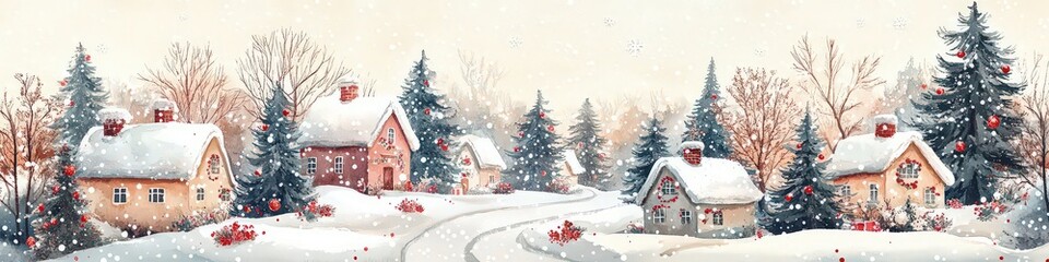 Naklejka premium Christmas illustration in watercolor style of a charming cute village in the snow