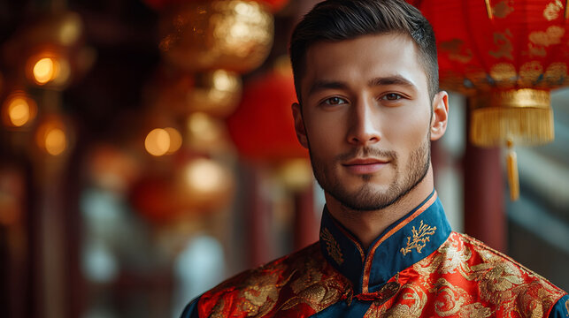 A man in festive Hanfu attire stands proudly among red and gold lanterns. The scene radiates cultural pride and the joyous atmosphere of the Spring Festival, highlighting traditional values.