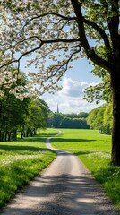 Obraz premium Springtime reveals a stunning apple orchard filled with white blossoms, a lush green path, and vibrant nature all around