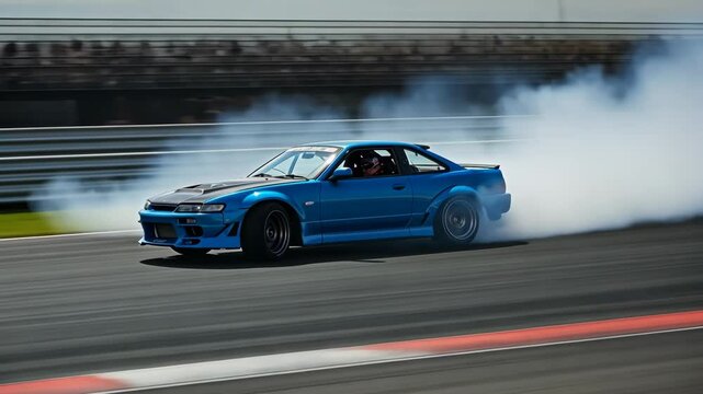 Blue car, drifting and smoking on track for race, sport and speed. Vehicle, automobile and motorsport with movement, action for driving, competition or performance