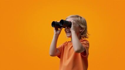 Fototapeta premium Child with Binoculars against Orange Background
