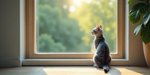 A young feline companion sits patiently by a sunlit window, gazing out at a verdant landscape beyond, bathed in the warm glow of the afternoon sun.