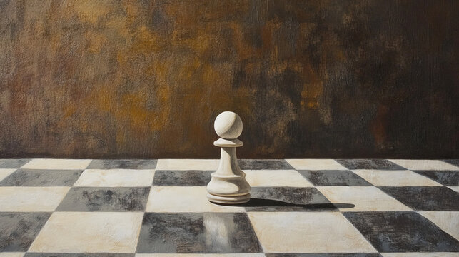 single white pawn on textured chessboard painting: minimalist and abstract oil art depicting solitary chess piece in introspective canvas scene