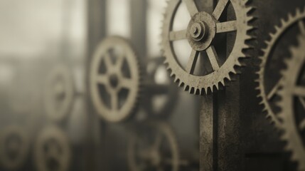 Fototapeta premium Close-up of vintage gears in a dimly lit workshop, showcasing intricate mechanical details