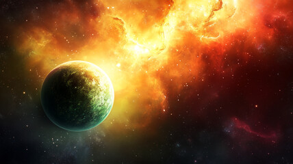 Obraz premium Space planet concept background. Sci-fi fantastic cosmic horizontal poster. Amazing cosmic wallpaper. Raster bitmap digital illustration. AI artwork. 