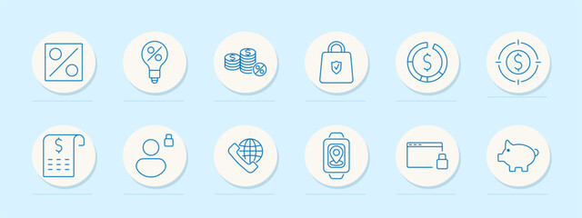 Online shopping set icon. Percentage tags, light bulb ideas, invoice, money, coins, savings, shopping bags, locked accounts, financial targets, piggy bank, smart technology, support services