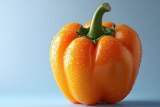 single orange bell pepper rests against clean white background showcasing its bold hue. Subtle highlights and shadows enhance its curves while droplets of water suggest freshness.