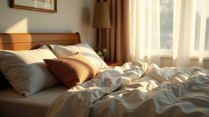 Morning Sunlight Illuminates a Serene Bedroom with Soft, Wrinkled Bedding and Neutral-Colored Pillows
