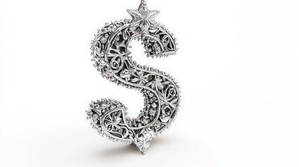 Ornate Silver Dollar Sign with Intricate Floral Design and Shine