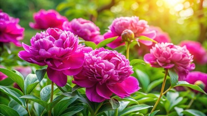 Vibrant fuchsia peonies blooming in a lush summer garden amidst green foliage and soft natural light , flowers