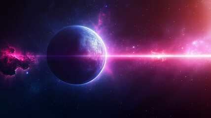 Fototapeta premium Space planet concept background. Sci-fi fantastic cosmic horizontal poster. Amazing cosmic wallpaper. Raster bitmap digital illustration. AI artwork. 