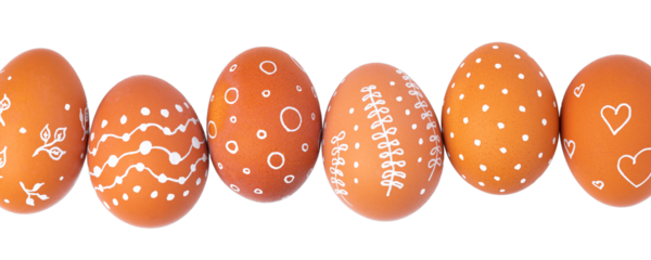 Natural brown Easter eggs with white minimalist patterns (hearts, dots, and lines) isolated on a transparent background