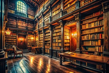 Ancient Library: Stacks of Vintage Books in a Dark, Mysterious Room