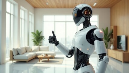 A futuristic robotic assistant gives a thumbs up gesture in a modern home environment