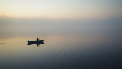 Solitary Fisherman in Misty Lake Tranquil Dawn Peaceful Serene Sunrise Boat Fishing Man Alone Calm Water Scenic Nature Landscape Solitude Reflection  