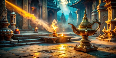 Obraz premium Ancient Temple, Mystical Lamp, Spiritual Journey, Fantasy, Magic Genie Lamp