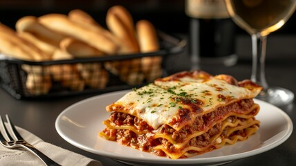 Lasagna: A hearty slice of traditional Italian lasagna with layers of pasta, meat sauce, ricotta cheese, and melted mozzarella.