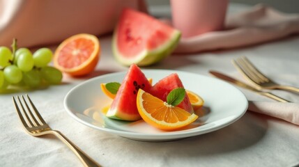 Refreshing Summer Fruit Platter with Watermelon and Orange Slices on a Table Setting