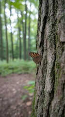 A speckled wood butterfly is perched on a snow-dusted evergreen branch in the peaceful forest, showcasing its intricate detail