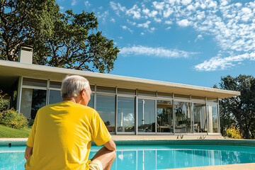 Rear view of a stressed elderly man sitting by the poolside.