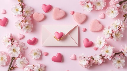 A Symphony of Softness: A Harmonious Blend of Pale Pink Roses, Carnations, and Heart-Shaped Accents, Arranged on a Gentle Pink Background, Evoking Feelings of Serenity and Love.