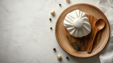 Elegant culinary presentation on a wooden plate with fresh herbs and a spoon