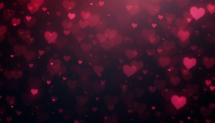 Glittery red hearts bokeh on dark romantic background.