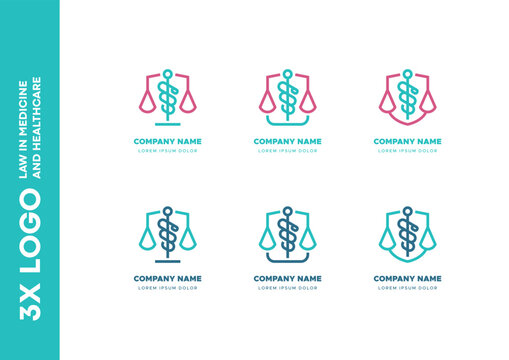 Multiple logo designs combining healthcare and legal themes with a balance scale and Caduceus. Ideal for branding medical law firms or organizations linking healthcare practices with legal services.