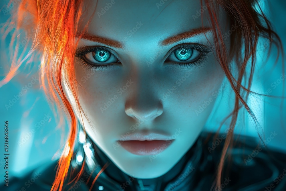 Poster intense close-up of a character with striking features and vibrant red hair in a futuristic setting
