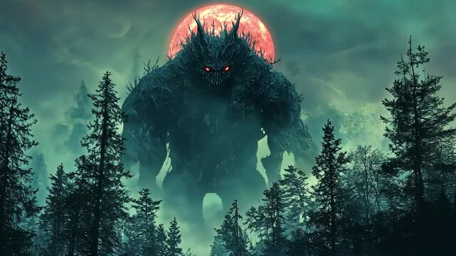 A monstrous figure looms over a forest under a large, glowing moon.