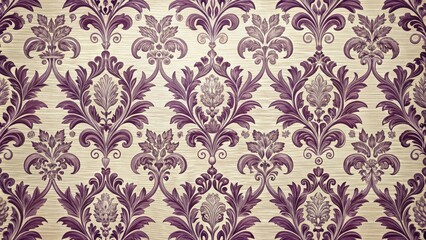 Traditional European-style damask fabric with intricate purple floral and leaf motifs on a cream background , purple damask, traditional fabric