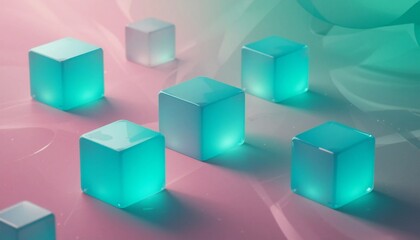 Obraz premium Gentle glowing cubes in shades of teal and blue, set against a pink and green gradient background.