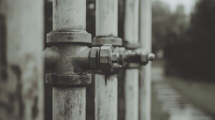 Close-up view of weathered metal pipes with bolts, set against a blurred natural background